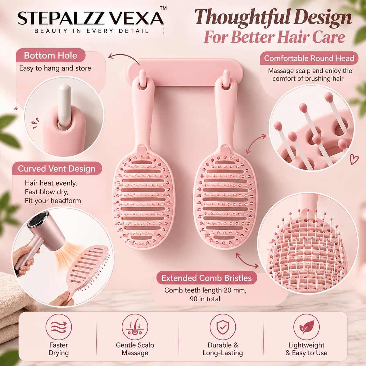Detangling brush features: hanging hole, ball-tipped bristles and curved vents