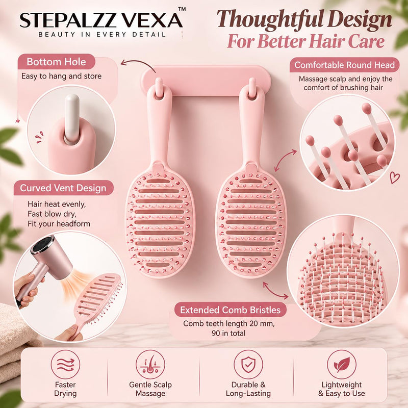 Detangling brush features: hanging hole, ball-tipped bristles and curved vents