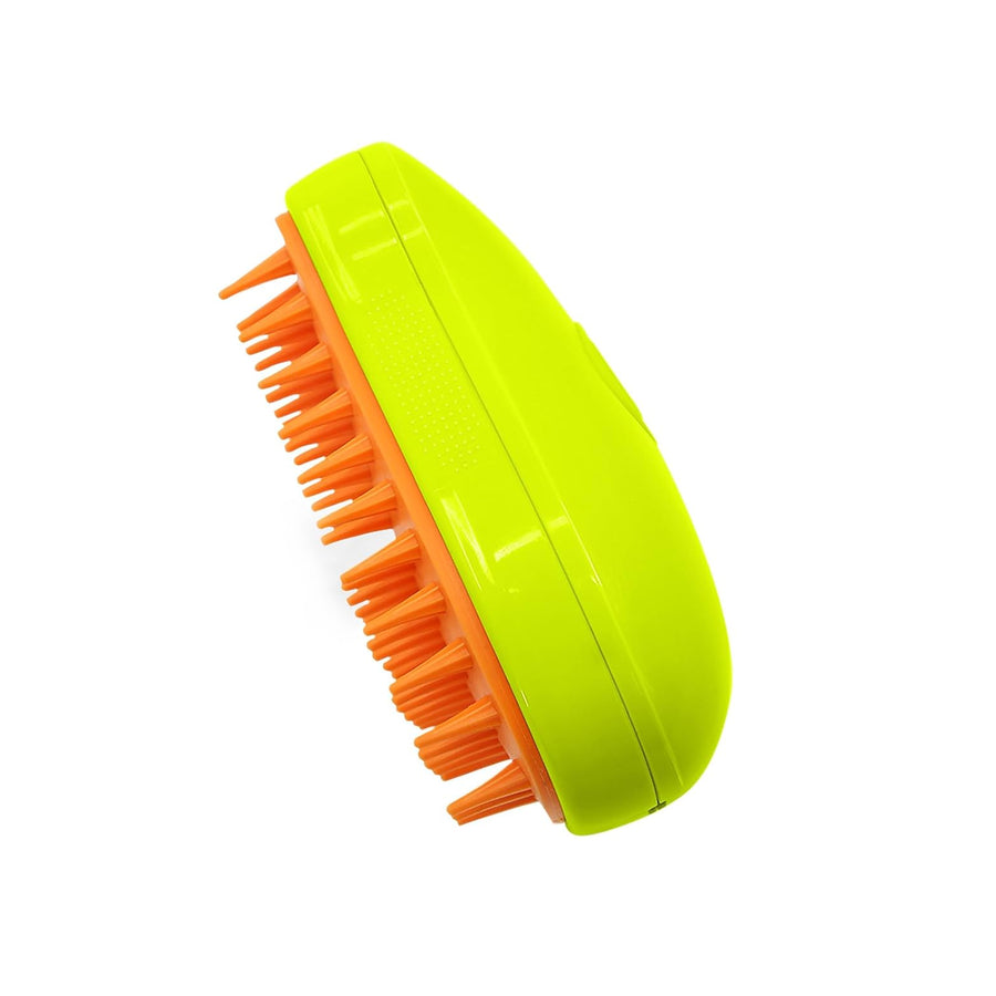 Steam pet grooming brush in lime green with soft orange bristles