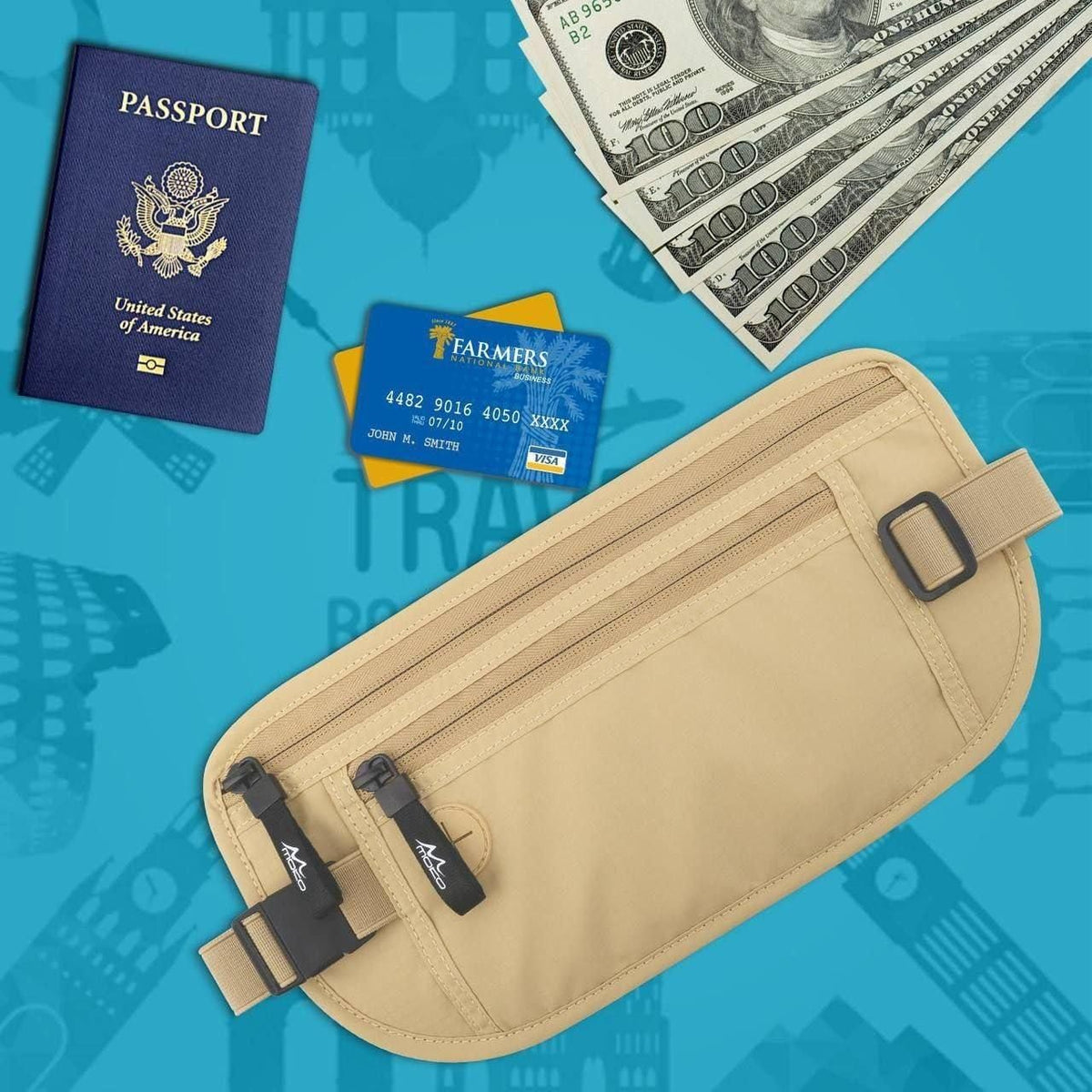 Travel waist pouch shown with a passport, cards and cash