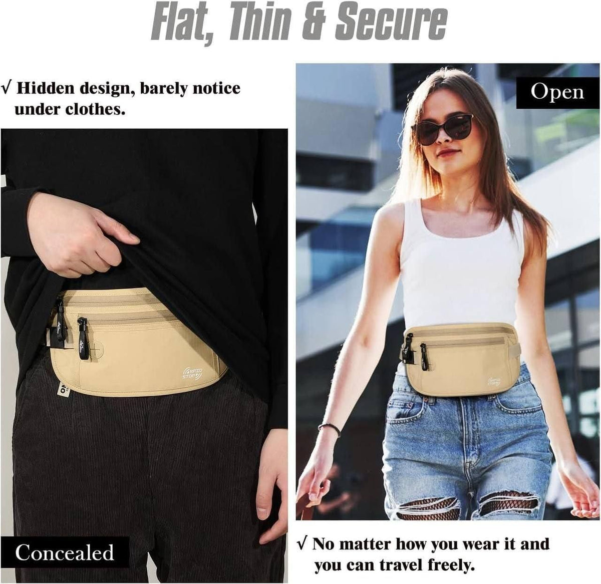 Waist pouch worn flat under clothing or openly over a top