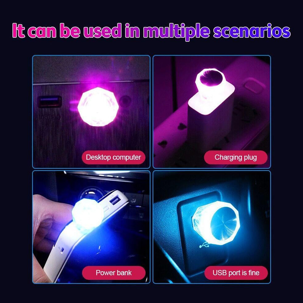 6819  Mix Color Diamond Shape Car Mini Usb Led Environmental Lights For Car And Home Decoration Led Light Mini Usb Led Night Lights Car Interior Atmosphere Lamp Car Light(White-color)