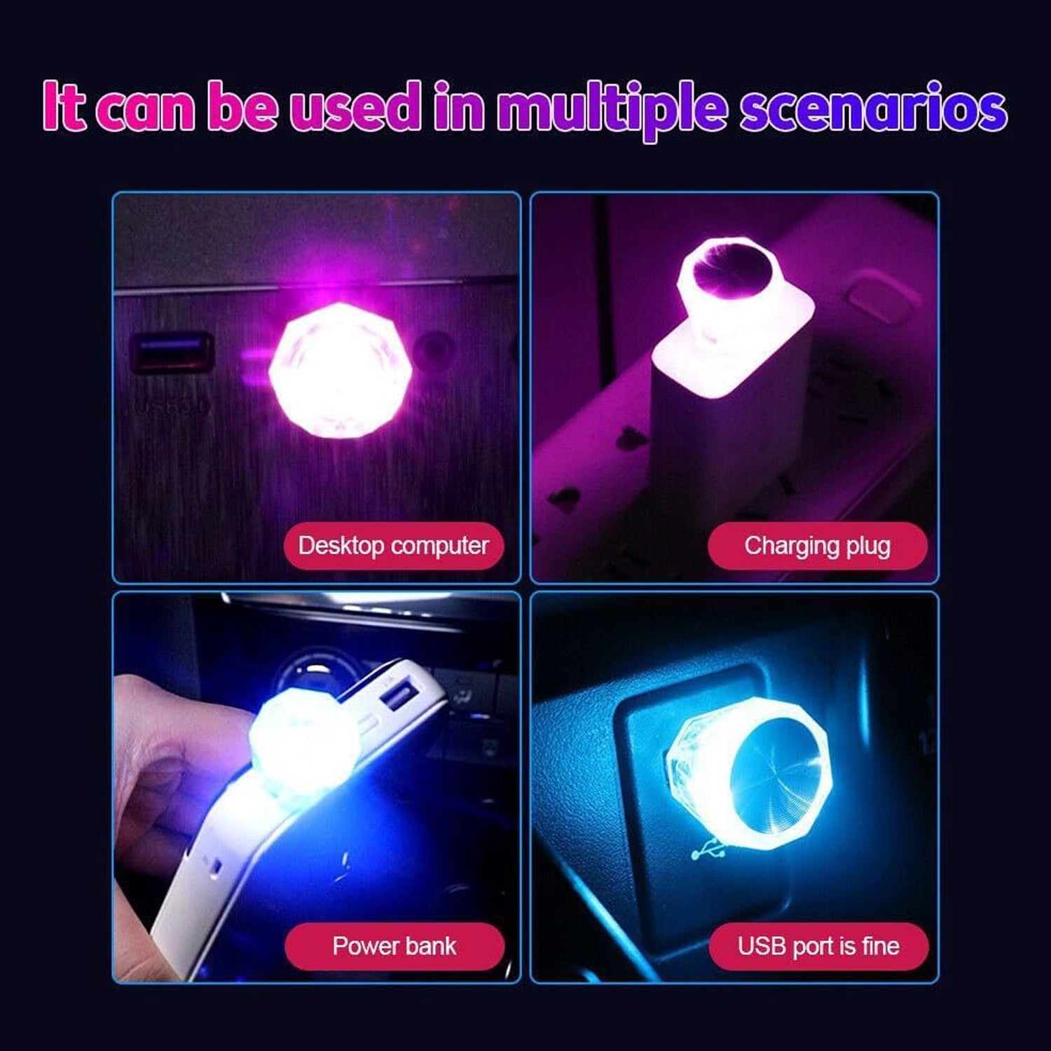 6819  Mix Color Diamond Shape Car Mini Usb Led Environmental Lights For Car And Home Decoration Led Light Mini Usb Led Night Lights Car Interior Atmosphere Lamp Car Light(White-color)