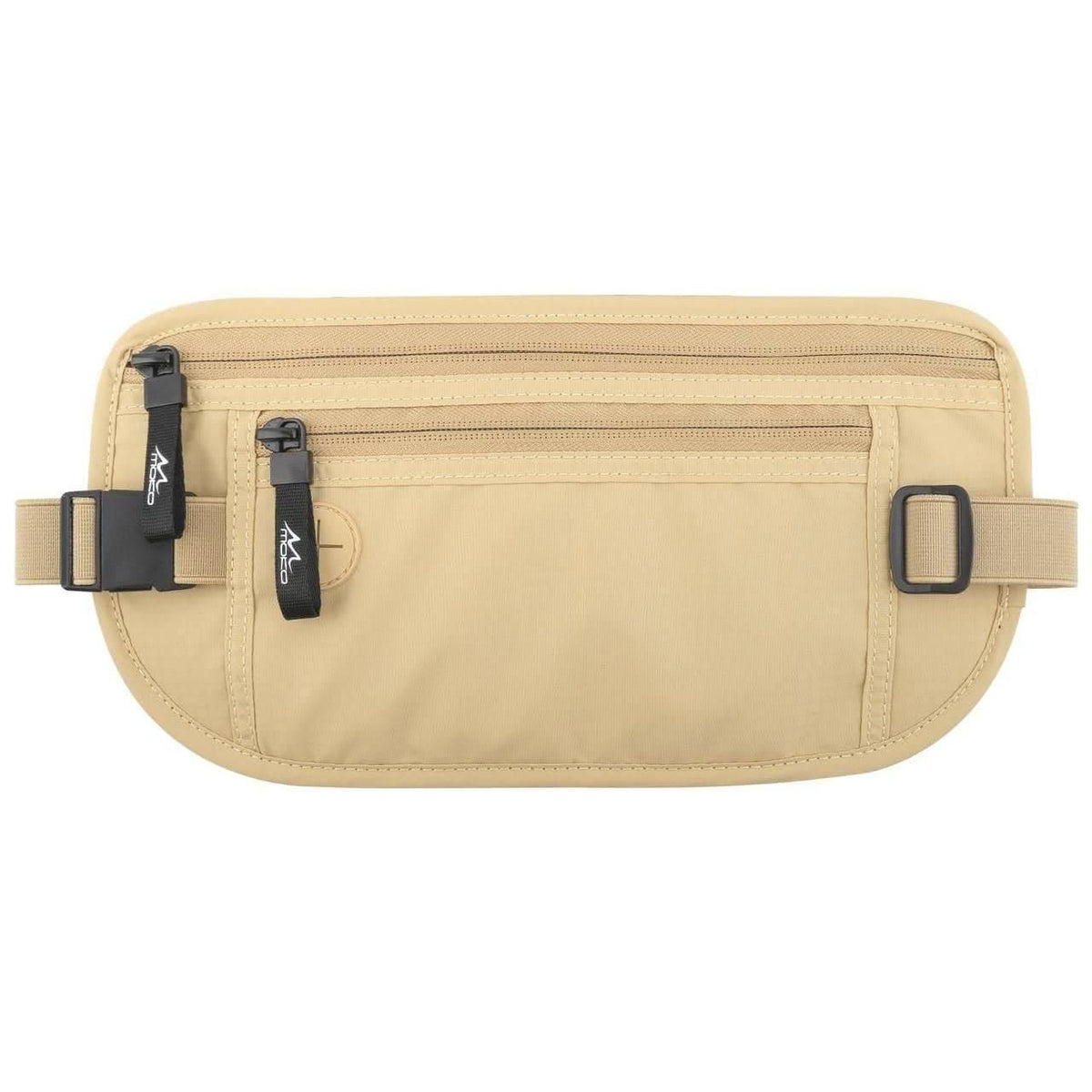 Beige anti-theft travel waist pouch with zip pockets and adjustable buckle strap