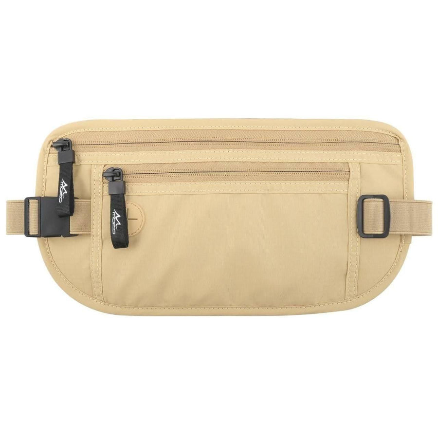 Beige anti-theft travel waist pouch with zip pockets and adjustable buckle strap
