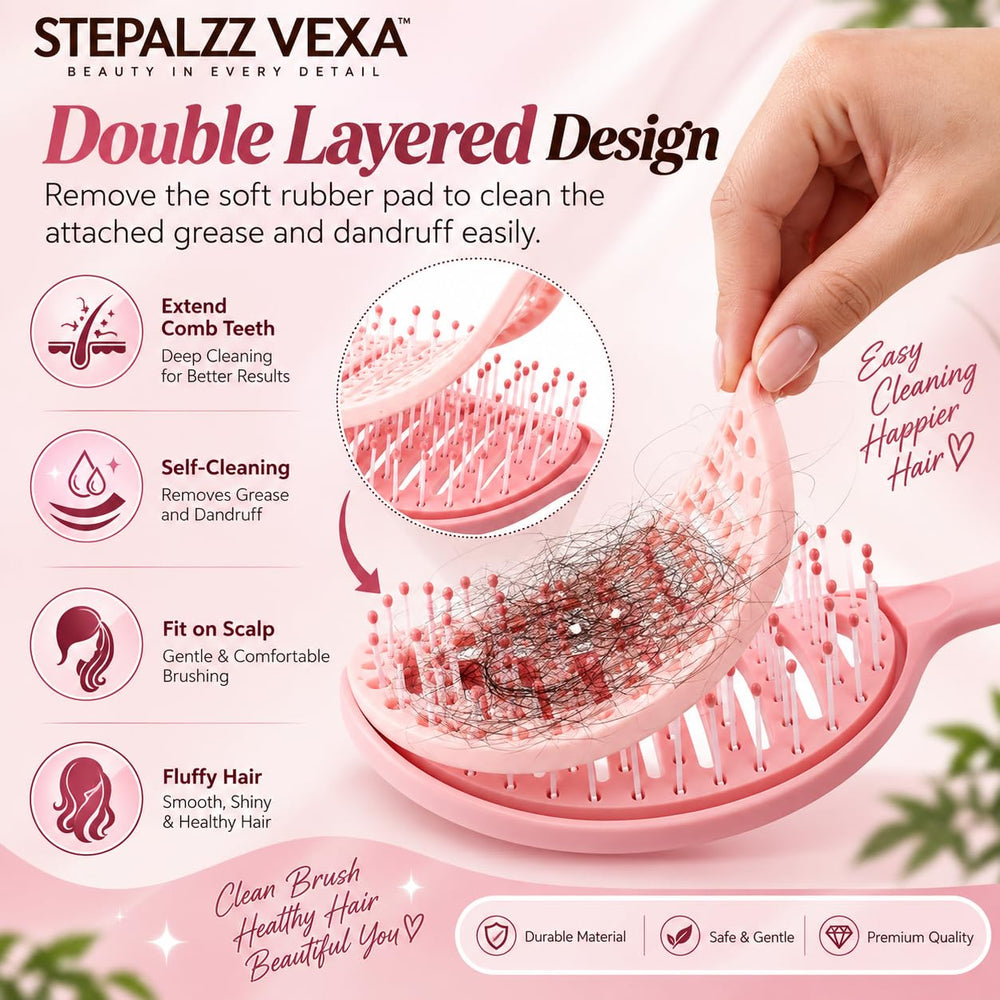 Double-layer design: lift out the soft pad to remove trapped hair and dandruff