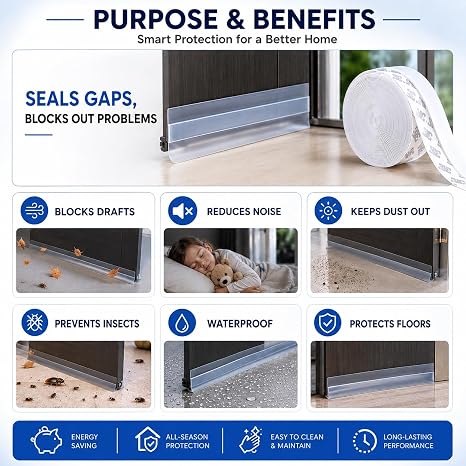 Door seal strip helps block draughts, dust, insects and noise under the door