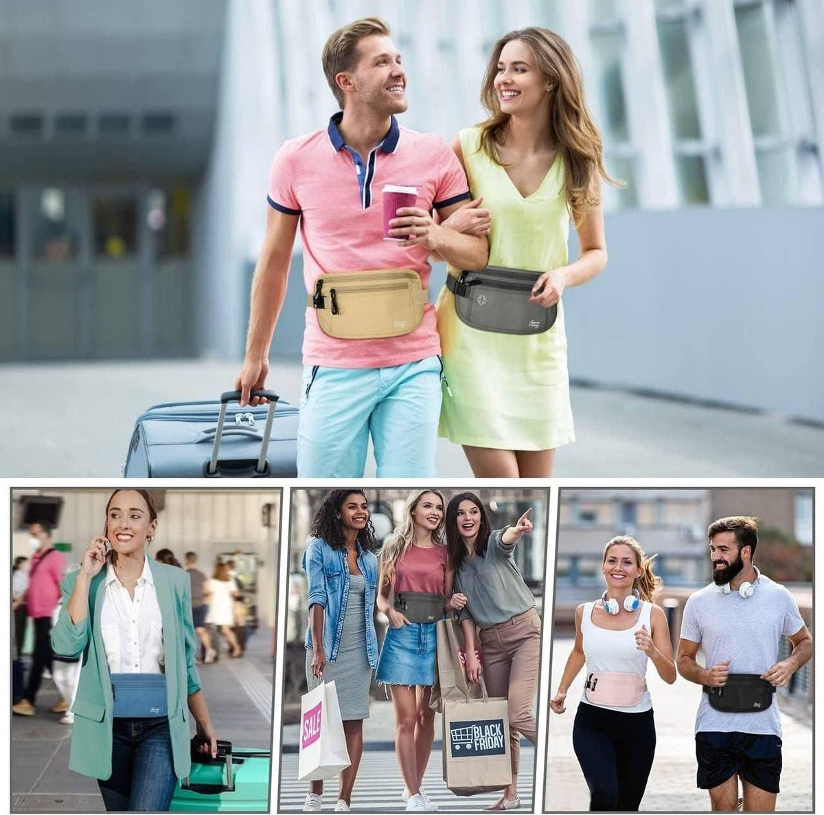 Travellers wearing the slim waist pouch while out and about