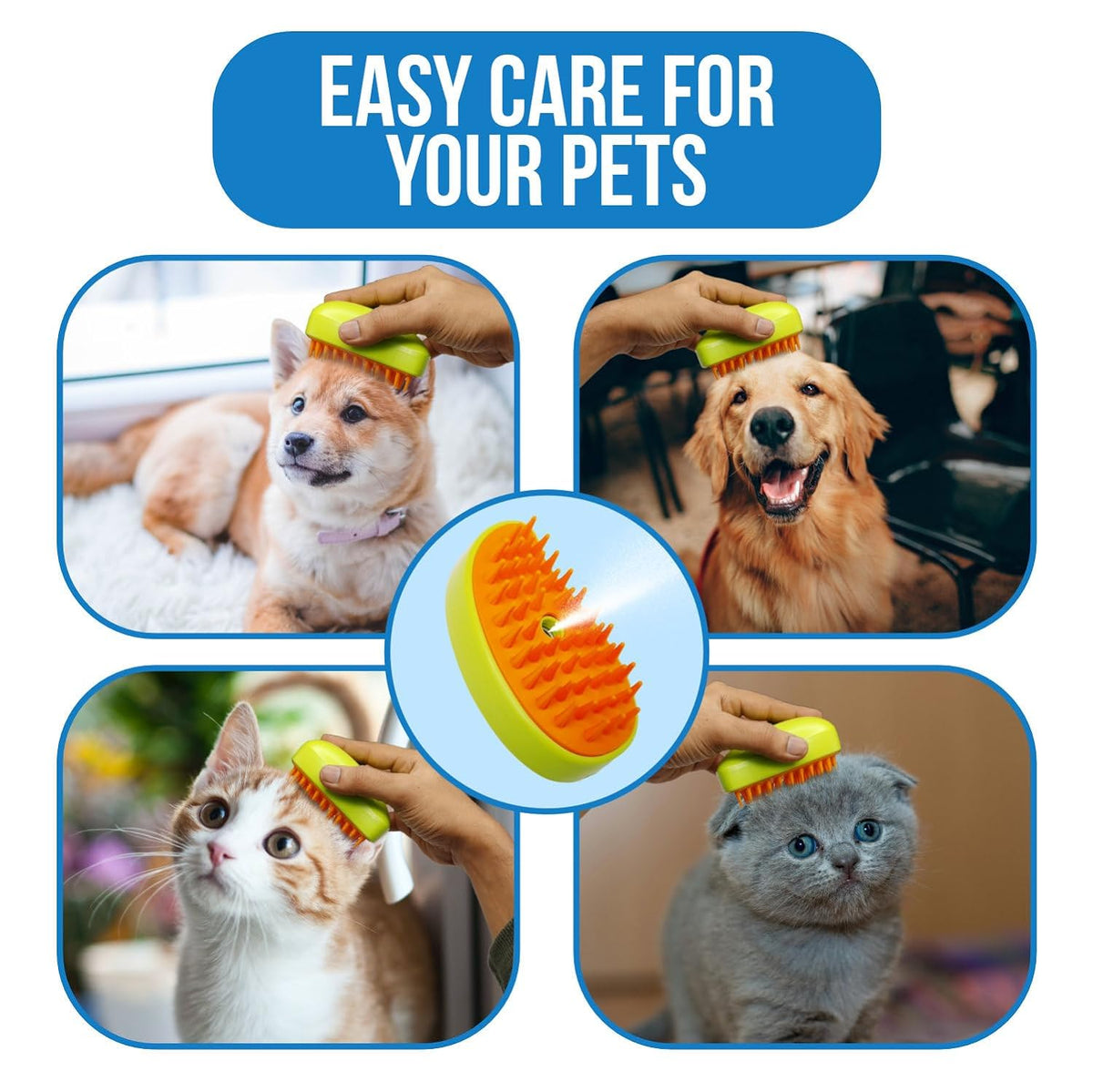 Steam brush being used on cats and dogs with different coat types